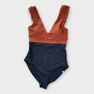 Summersalt Black and Brown One Piece Swimsuit V-Neck Color Block